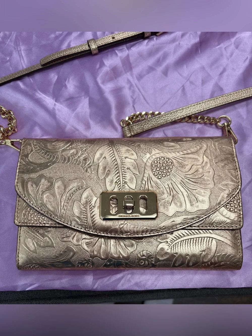 Michael Kors Metallic Leather Embossed Floral Crossbody - Rose Gold